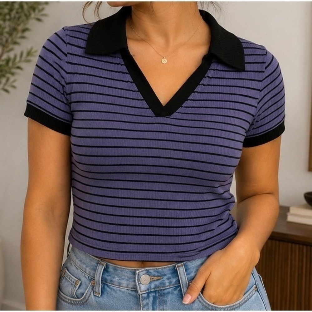 Blue Black Striped Cropped Collar V-Neck Short Sleeve Top Size-L